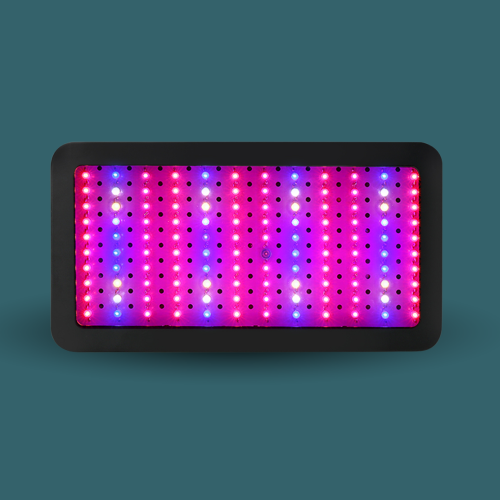 Rectangular LED light panel with colorful lighting on a dark green background
