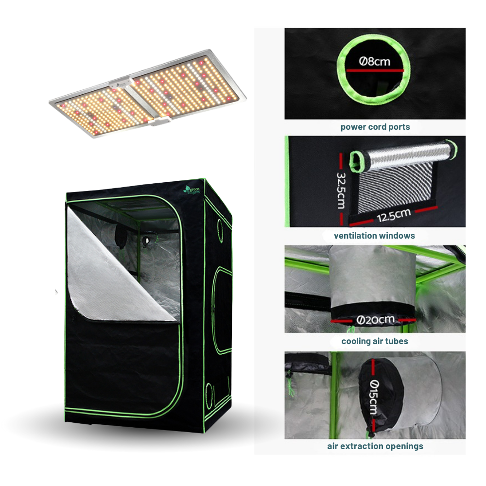 Glowing green and black grow tent with detailed specifications on a white background