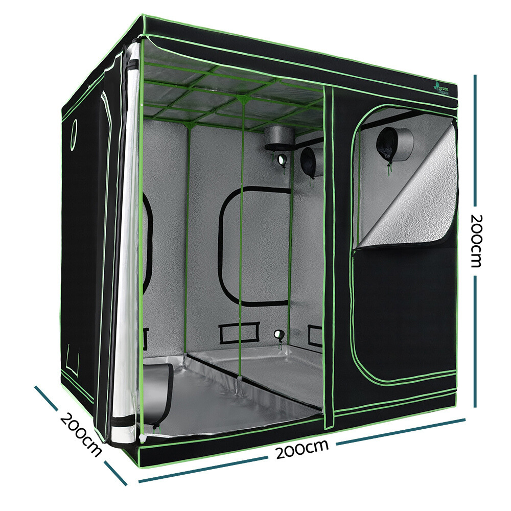 Green grow tent with dimensions on a white background