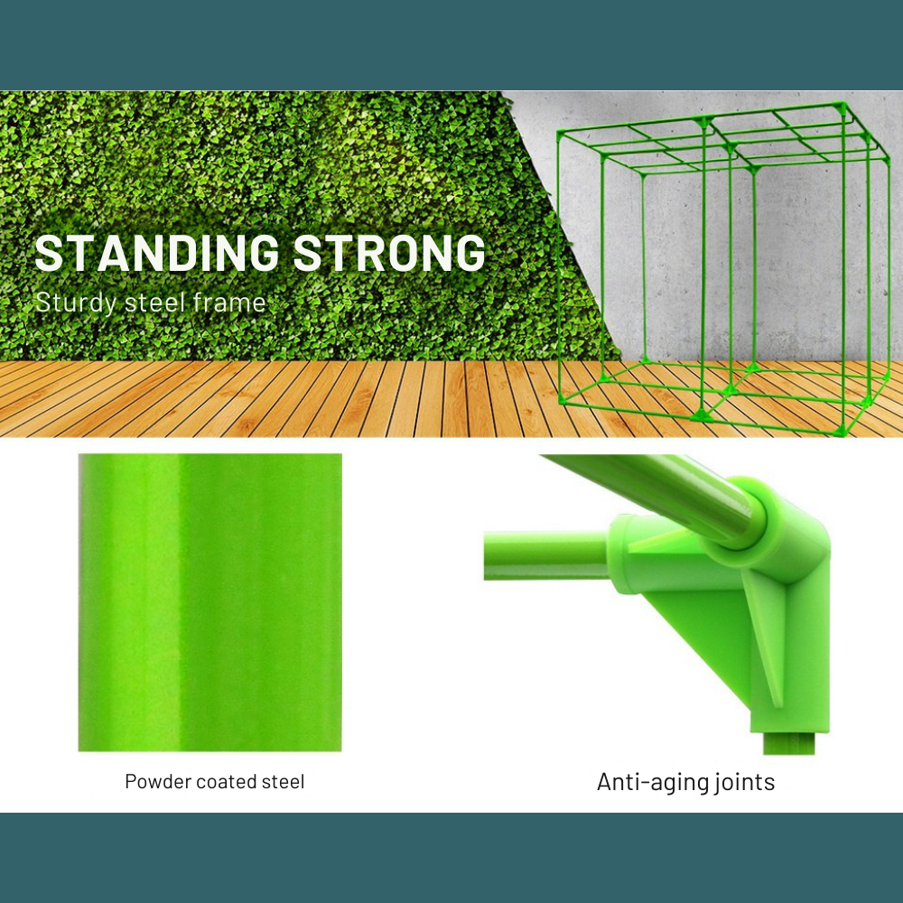 Green metal frame with text 'Standing Strong' and details about sturdiness.