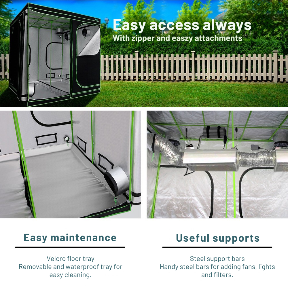 Portable greenhouse with features highlighted on a grassy background