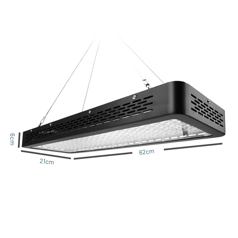 Black rectangular LED light fixture with dimensions on a white background