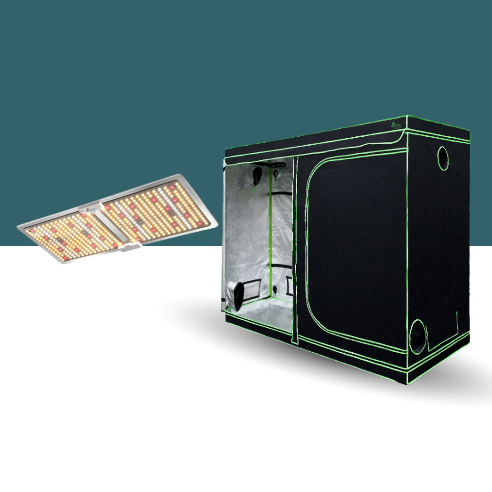 Grow tent with LED grow light on a white background