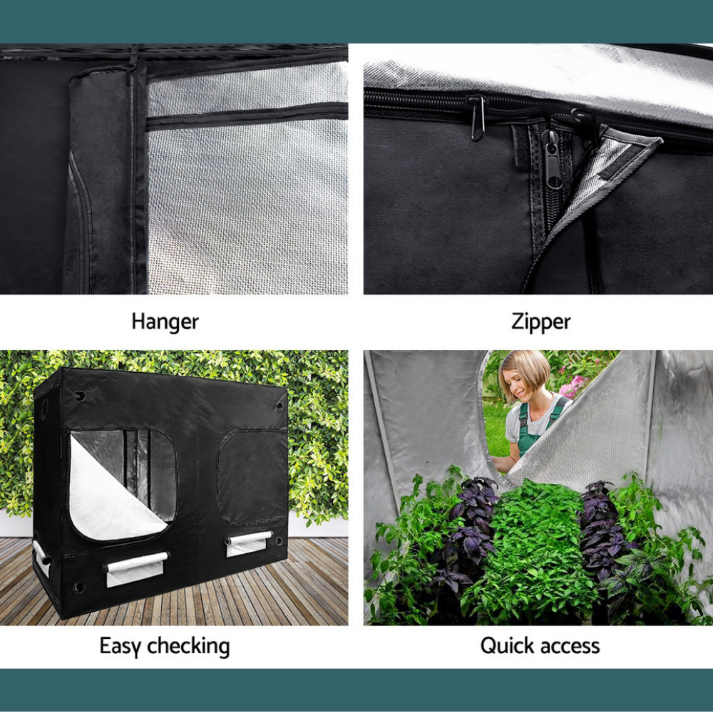 Collage of a black grow tent with hanger, zipper, easy checking, and quick access features.