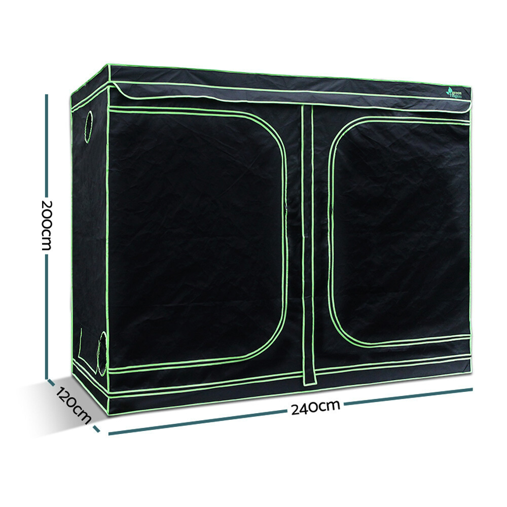 Black grow tent with green seams and dimensions on a white background