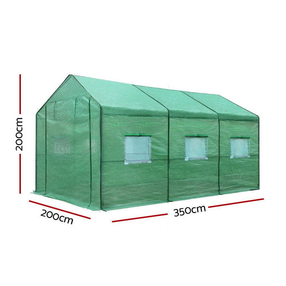 Green greenhouse with dimensions on a white background