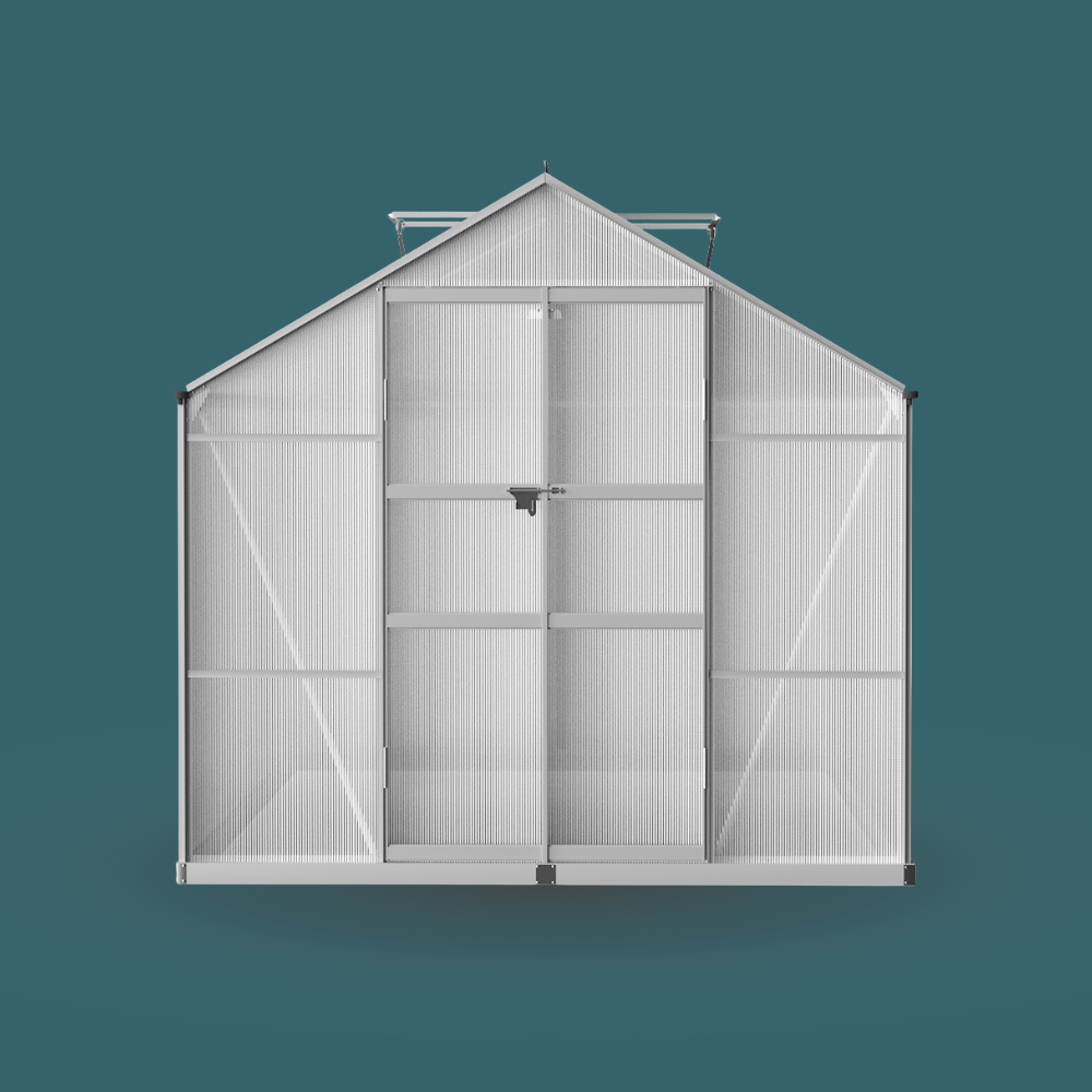 White greenhouse with a sliding door on a teal background