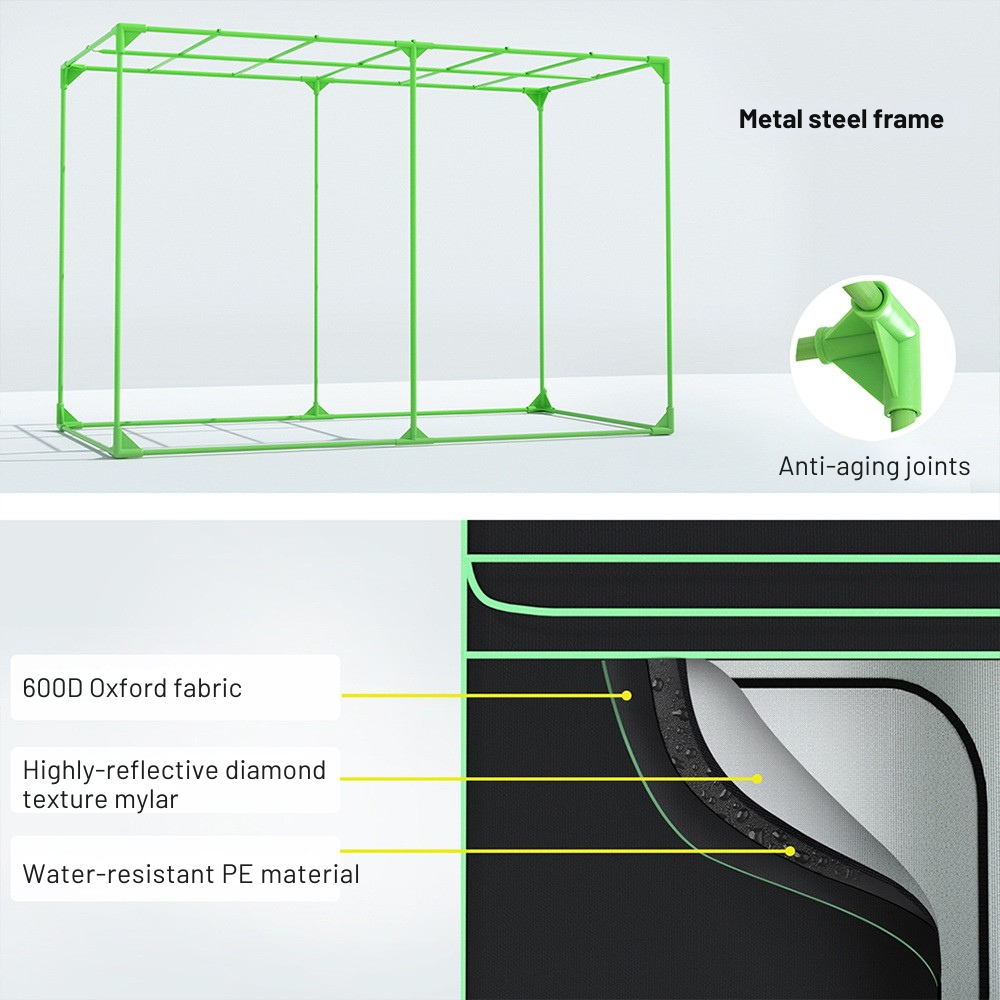 Green metal frame with text detailing its components on a white background