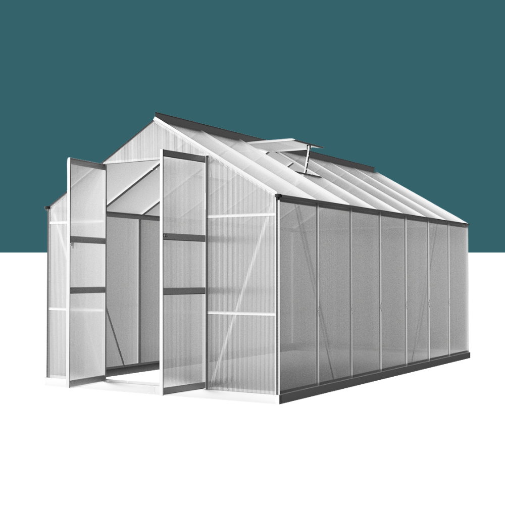 Greenhouse with transparent panels on a white background