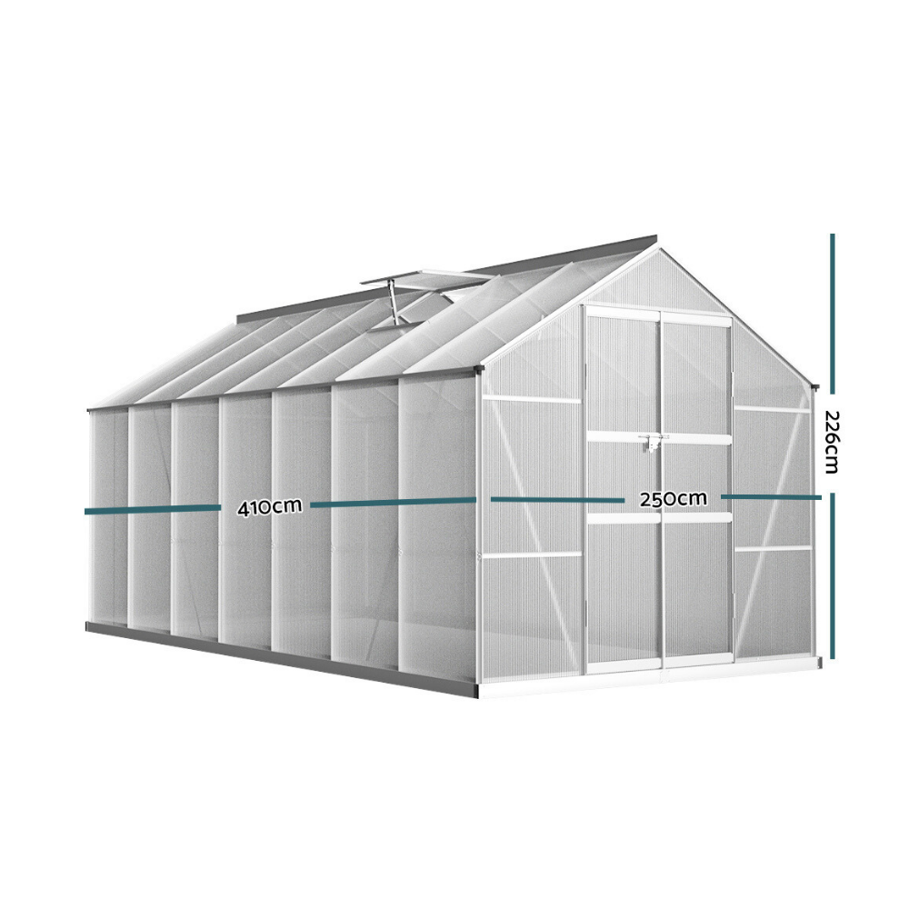 Greenhouse with dimensions indicated on a white background