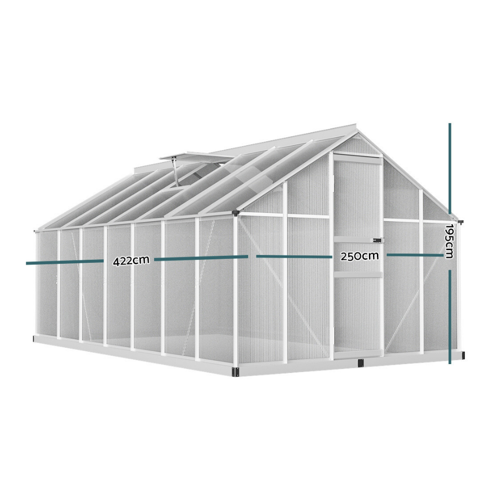 Greenhouse with dimensions labeled on a white background