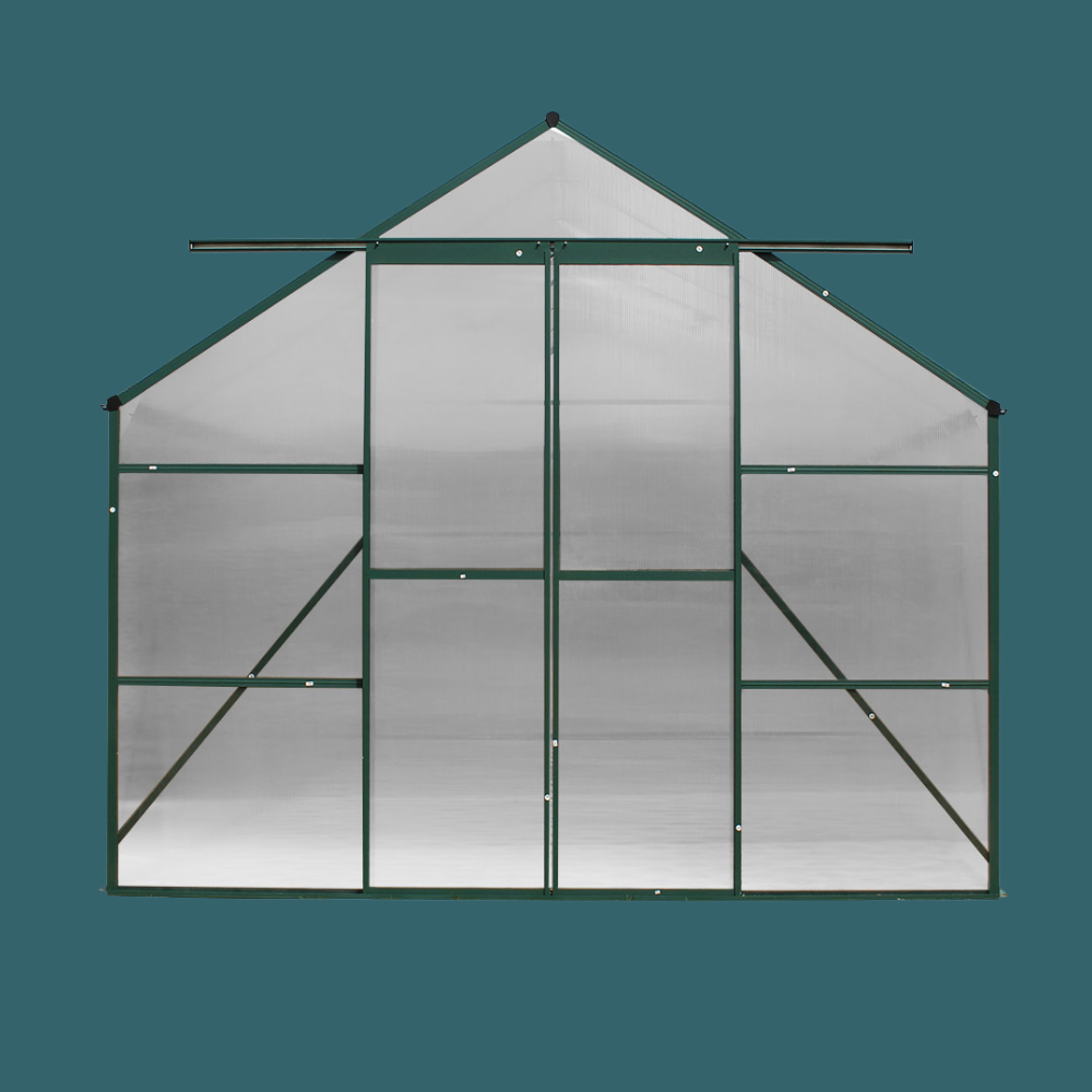 Greenhouse structure with transparent panels and green frames on a teal background