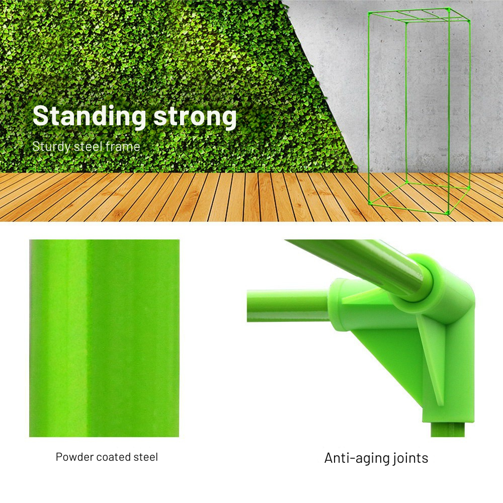 Green metal stand with text highlighting sturdiness and design features on a white background.