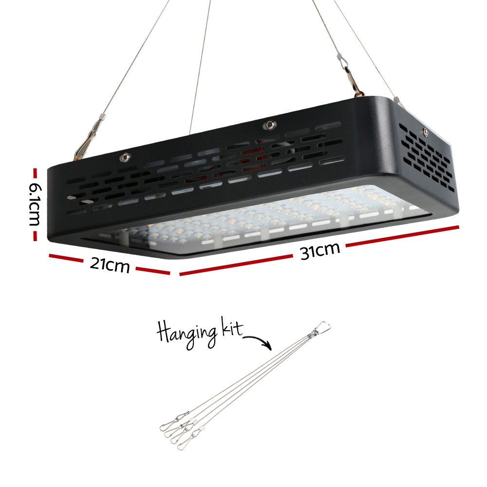 Black rectangular LED light with dimensions and hanging kit on a white background
