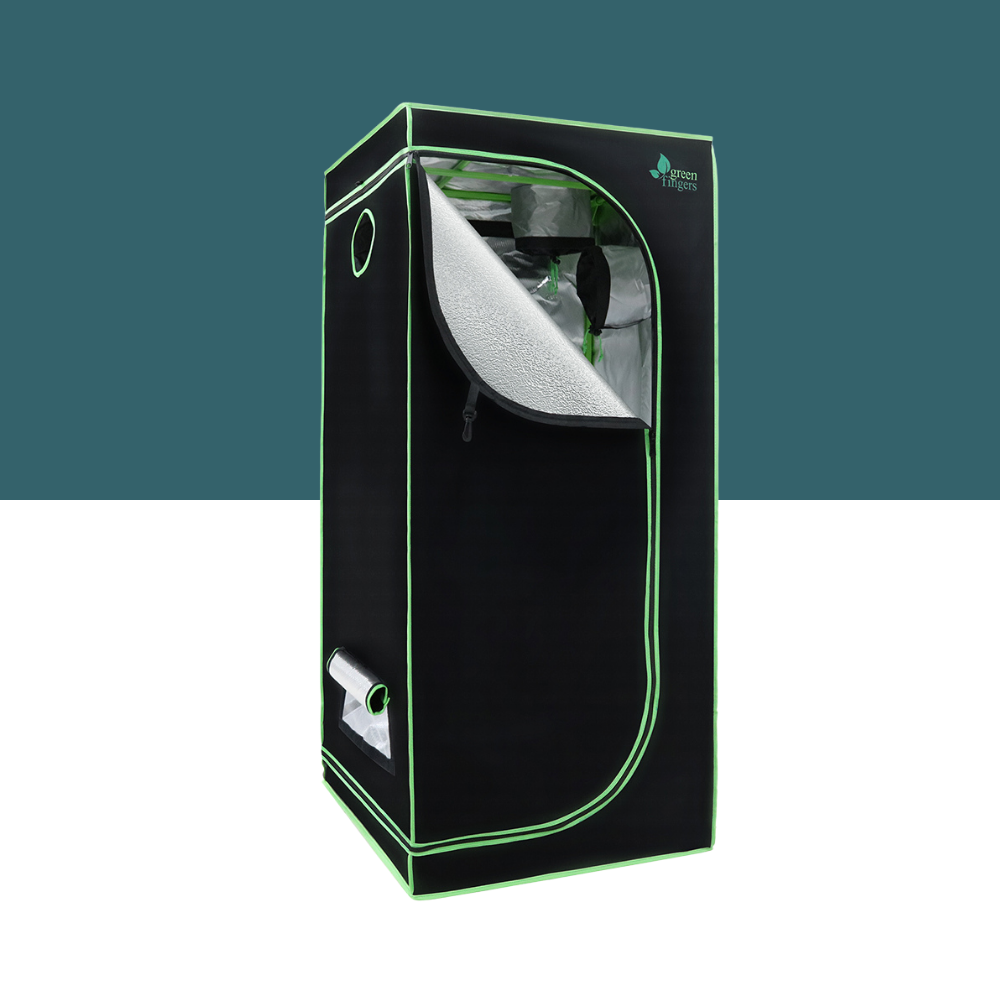Black grow tent with green trim on a white background