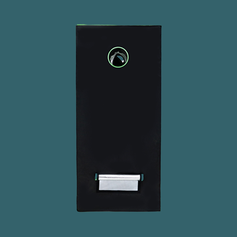 Black electronic device with a green logo on a teal background