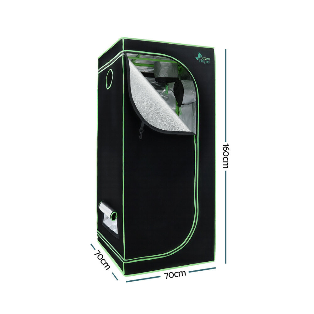 Black grow tent with green trim and dimensions labeled on a white background