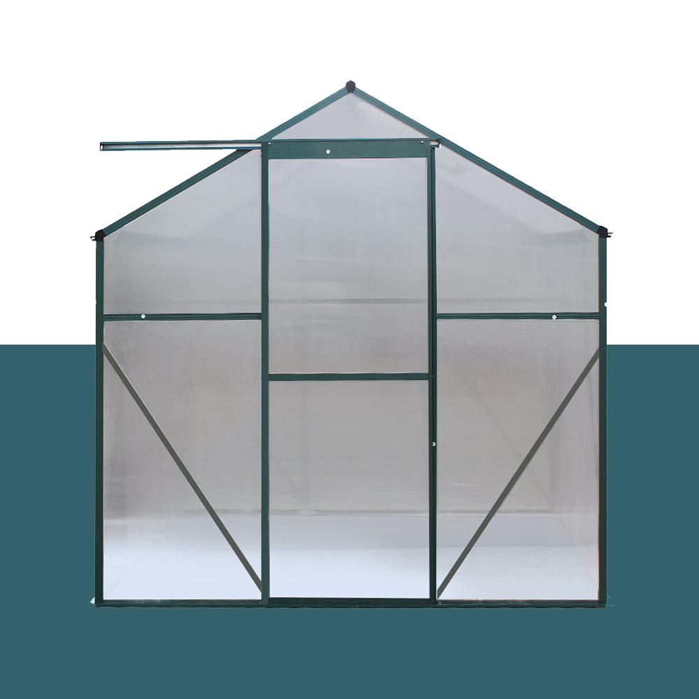"Front view of a polycarbonate greenhouse with a sturdy aluminium frame, featuring large door for easy access."