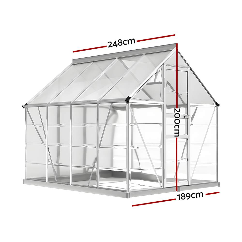 A diagram of the aluminium polycarbonate greenhouse with dimensions labeled, measuring 248cm in length, 200cm in height, and 189cm in width