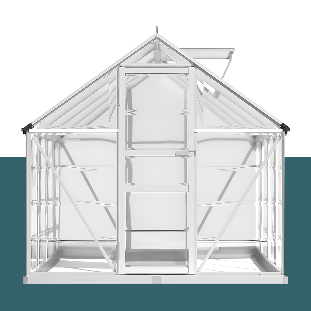 A front view of a white aluminium polycarbonate greenhouse with a triangular roof and a central door, displaying the internal frame structure and clear panels