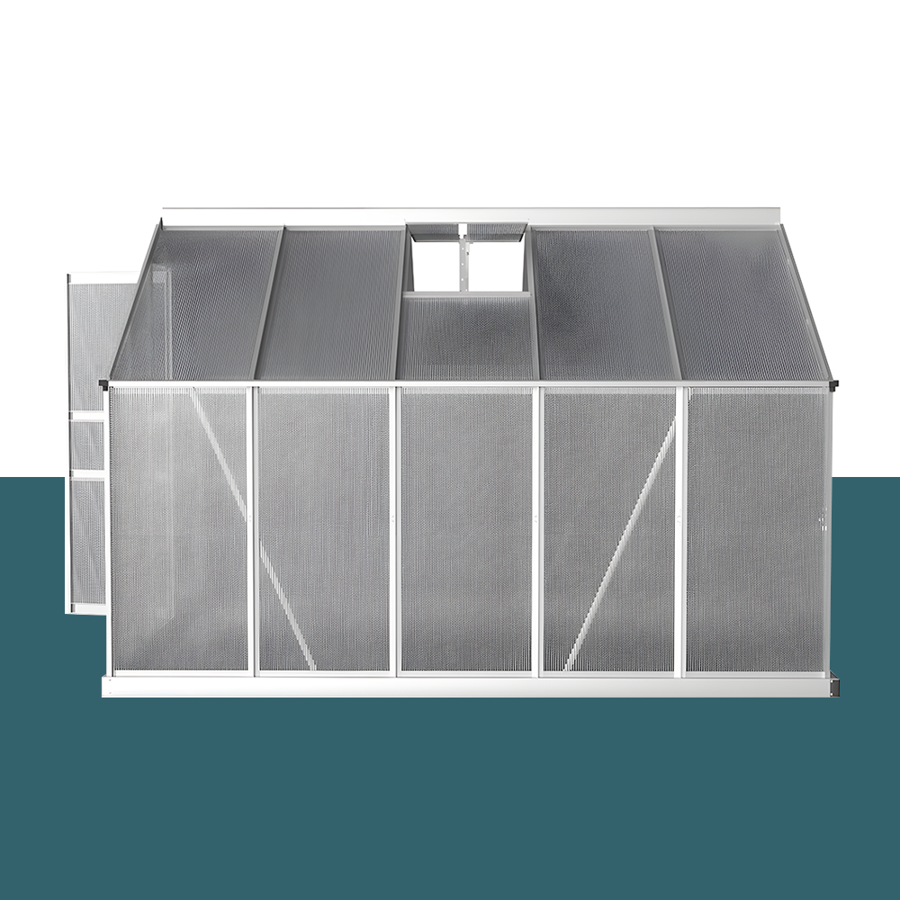 A side view of the aluminium polycarbonate greenhouse with clear roof panels and a rectangular structure, placed against a teal background