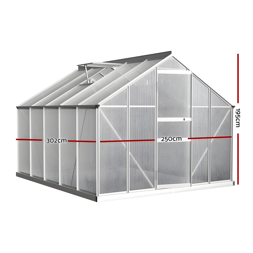 A diagram of the aluminium polycarbonate greenhouse with dimensions labeled: 302cm in length, 250cm in width, and 195cm in height