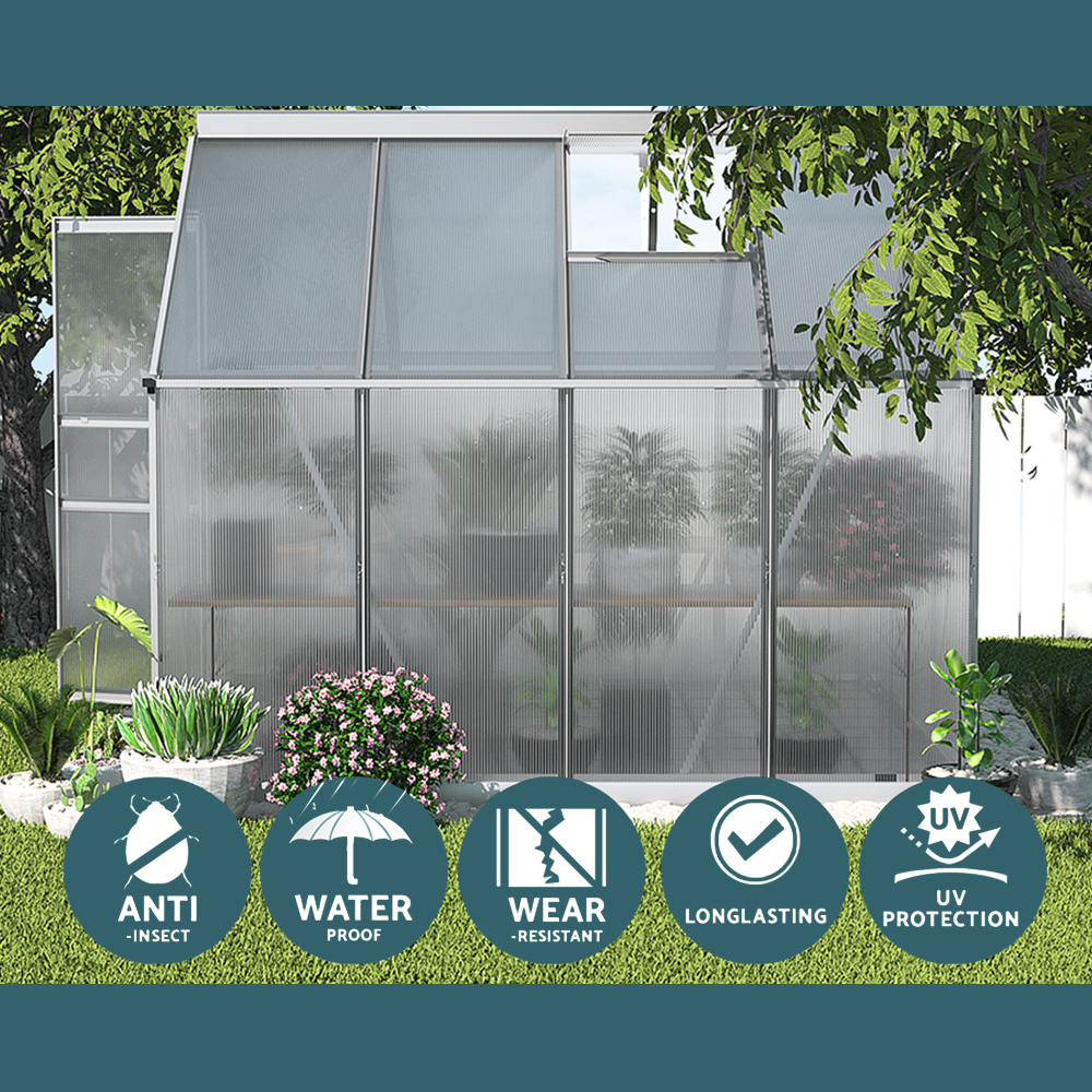 n aluminium polycarbonate greenhouse set in a garden with plants surrounding the structure. Icons are displayed at the bottom, indicating the anti-insect, waterproof, wear-resistant, long-lasting, and UV protection features of the product