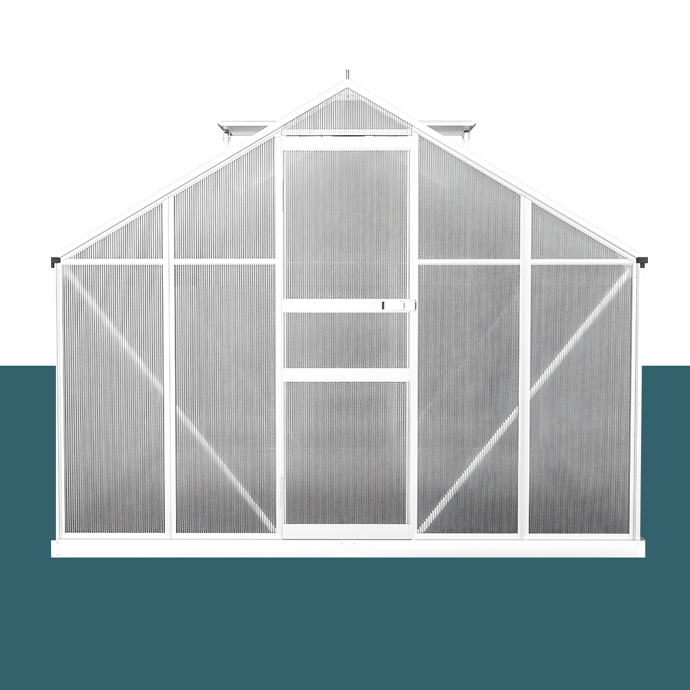 A front view of a large aluminium polycarbonate greenhouse with a triangular roof and a central door, displaying clear panels and a sturdy frame, set against a teal background