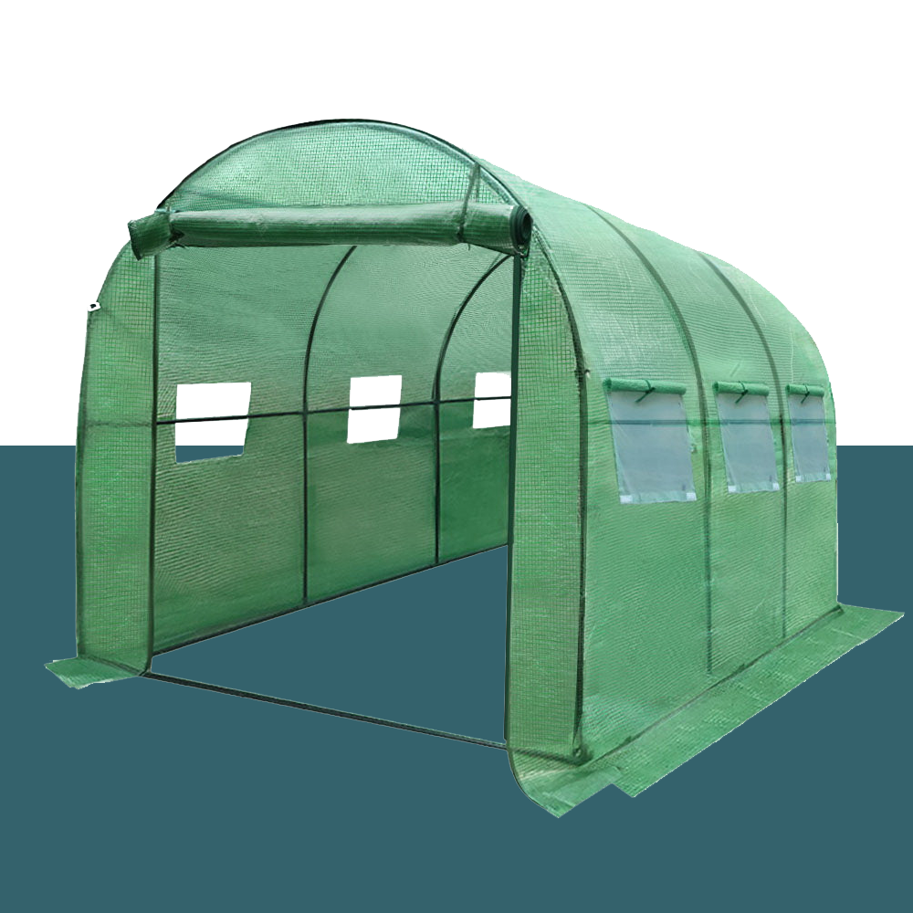 Similar to Image 2, it shows the standalone greenhouse structure, labelled "greenfingers-3-x-2-x-2m-steel-tunnel-walk-in-greenhouse-2". It highlights the side windows and roll-up doors, suitable for ventilation and easy access.