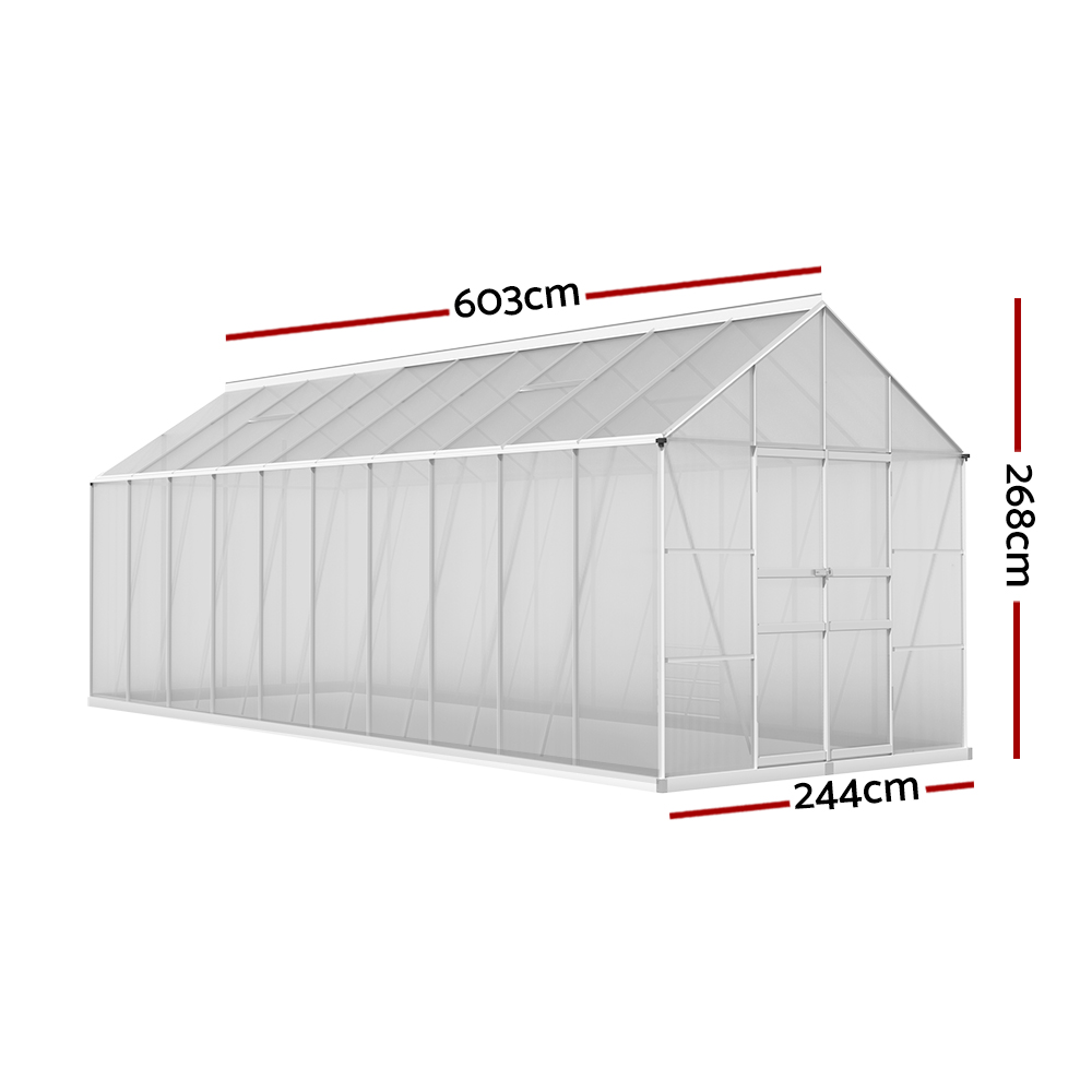 A diagram showing the dimensions of the greenhouse: 603cm in length, 268cm in height, and 244cm in width, displaying the structure from a three-quarter perspective