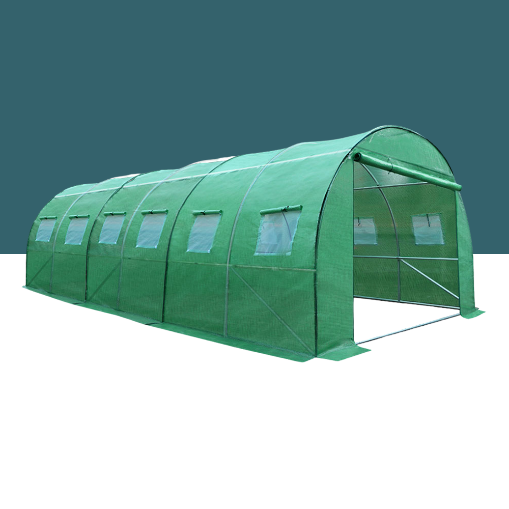 A large green walk-in greenhouse tunnel with multiple side windows and a roll-up door. It features a sturdy metal frame covered with a durable green mesh polyethylene material.