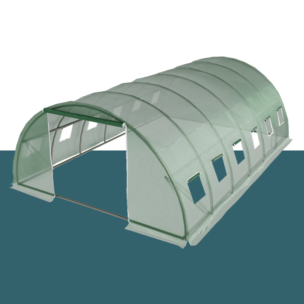 Angled side view of a spacious walk-in greenhouse with green mesh cover, multiple ventilation windows, and an open front