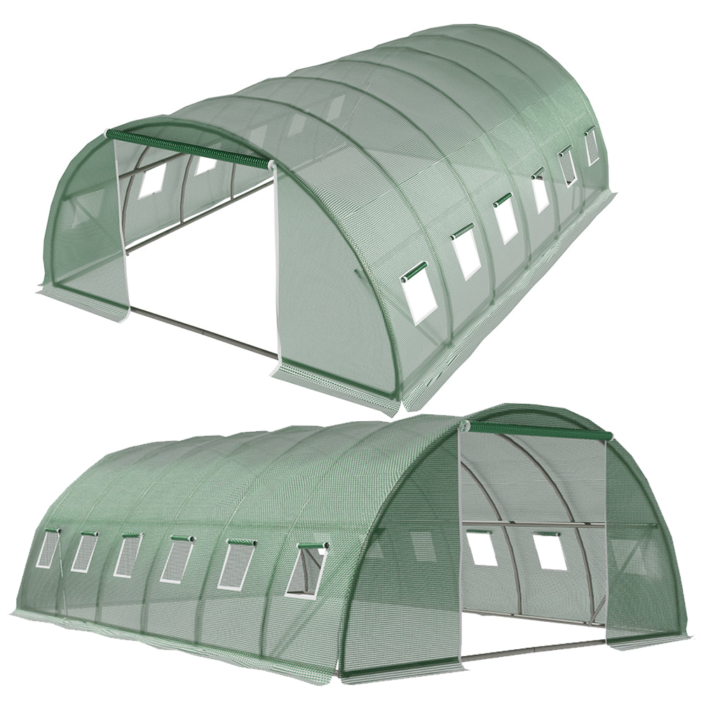 Collage of two views of a large greenhouse tunnel with open front and side windows for ventilation