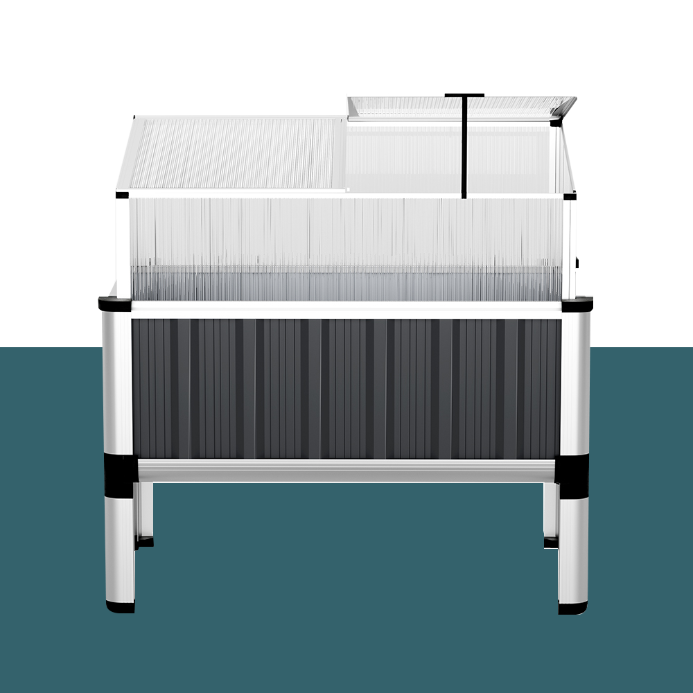 Technical illustration of a raised garden bed with a transparent lid, set against a blue background.