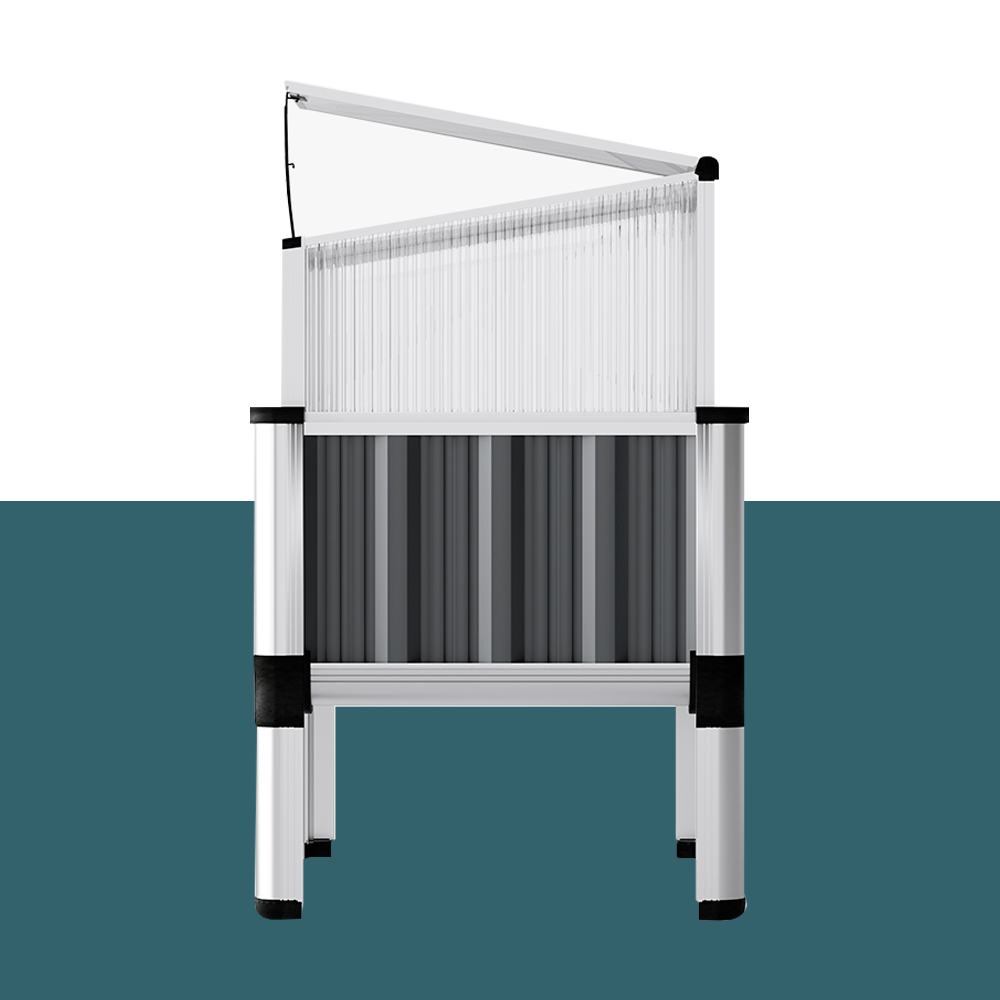 Side profile illustration of a raised garden bed with an adjustable transparent cover, highlighting ventilation capabilities.