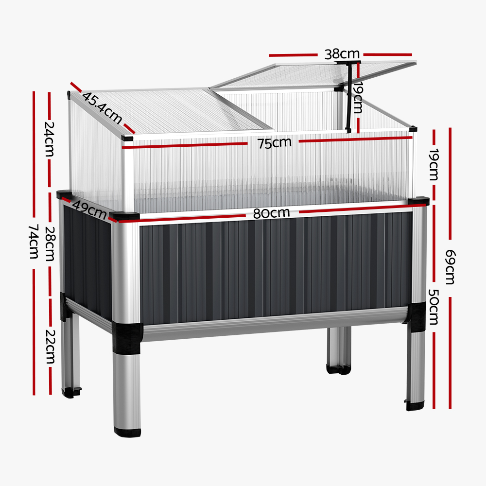 Diagram of a raised garden bed with dimensions marked, showing measurements for height, width, and depth.