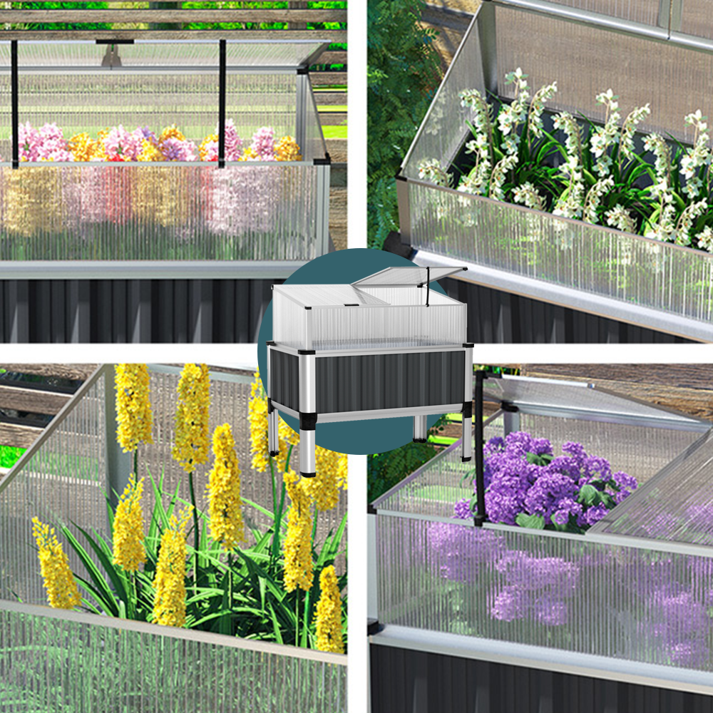 Collage of different raised garden bed setups with various plants growing inside, showcasing versatility in gardening spaces.