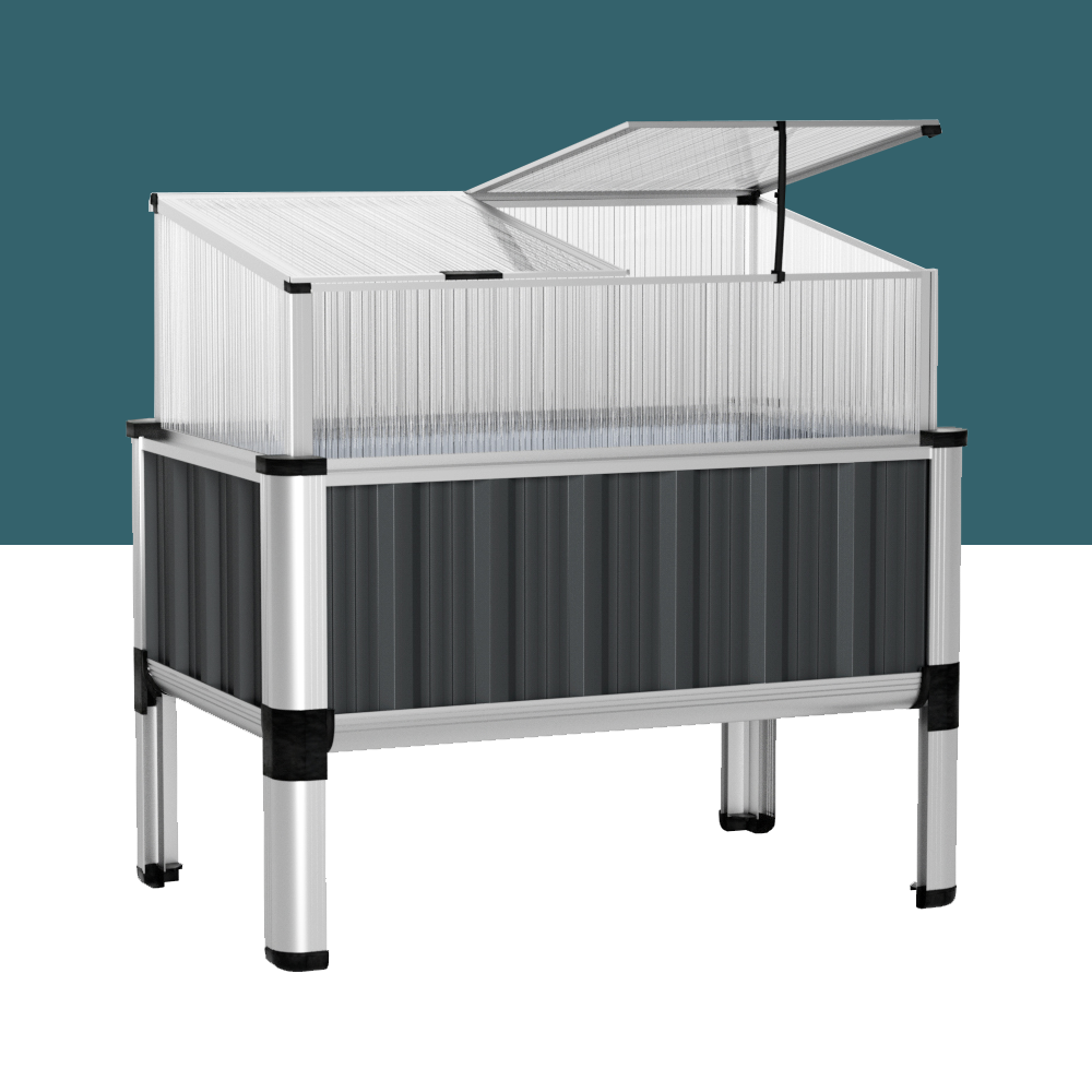 Digital rendering of a raised garden bed with an openable protective cover, placed against a teal background.