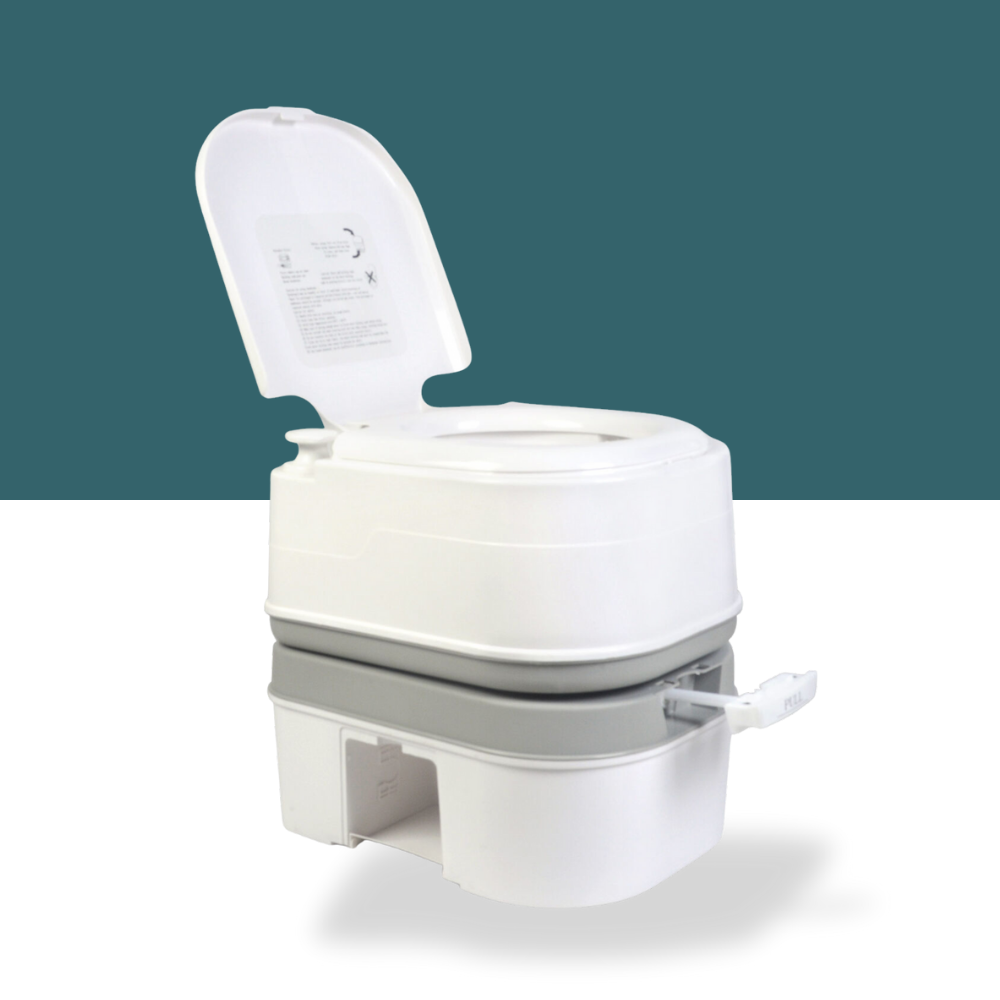 toilet is shown with the lid open from a side angle. The background is split horizontally (teal on top, white on bottom). The slide valve handle (used to open the waste tank) is pulled out slightly in the front center.
