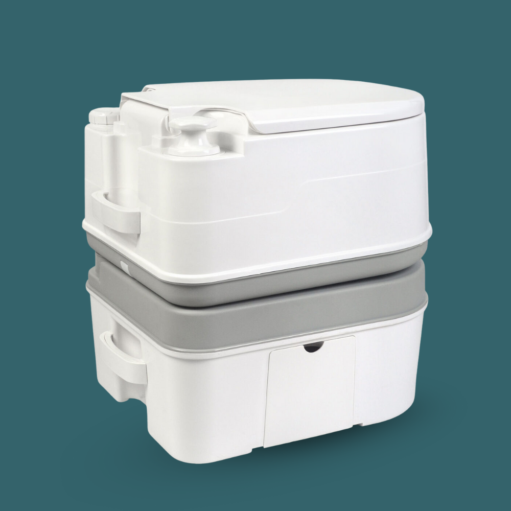the unit closed from a rear 3/4 angle against a teal background. It highlights the latching mechanism that connects the top and bottom tanks, as well as the carrying handle indentation on the back.