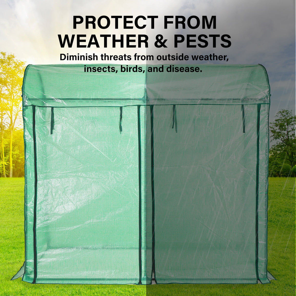A promotional image of a green PE dome greenhouse with the text overlay:
"Protect from Weather & Pests"
"Diminish threats from outside weather, insects, birds, and disease."