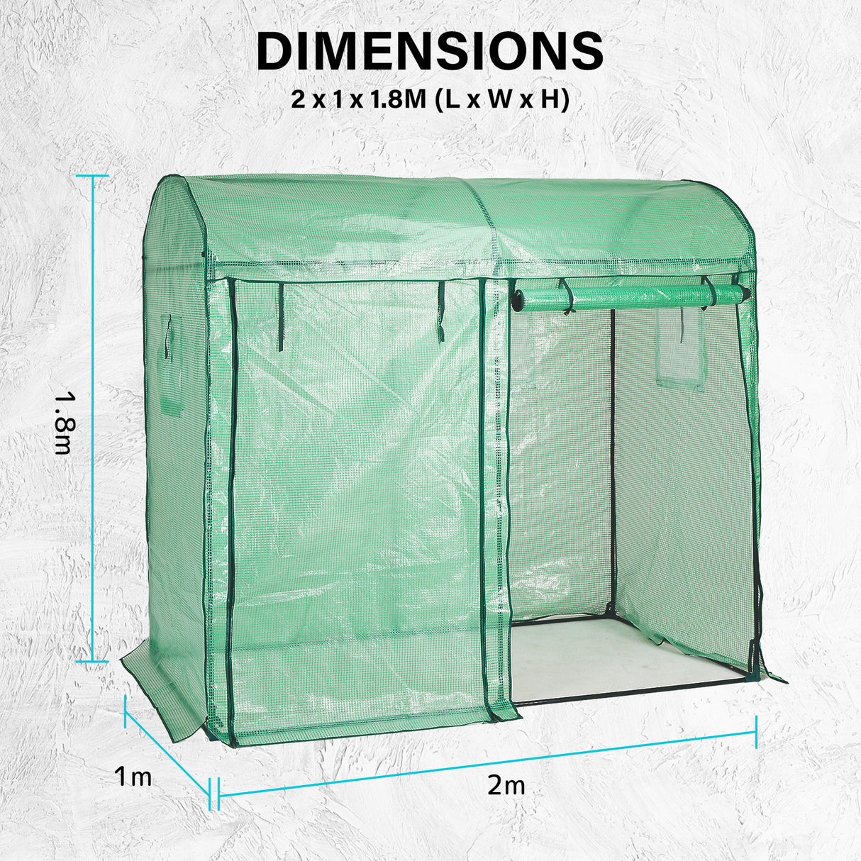 A greenhouse structure with labelled dimensions displayed against a light textured background. The measurements are clearly defined as 2m (length) x 1m (width) x 1.8m (height), providing a clear understanding of the greenhouse's size