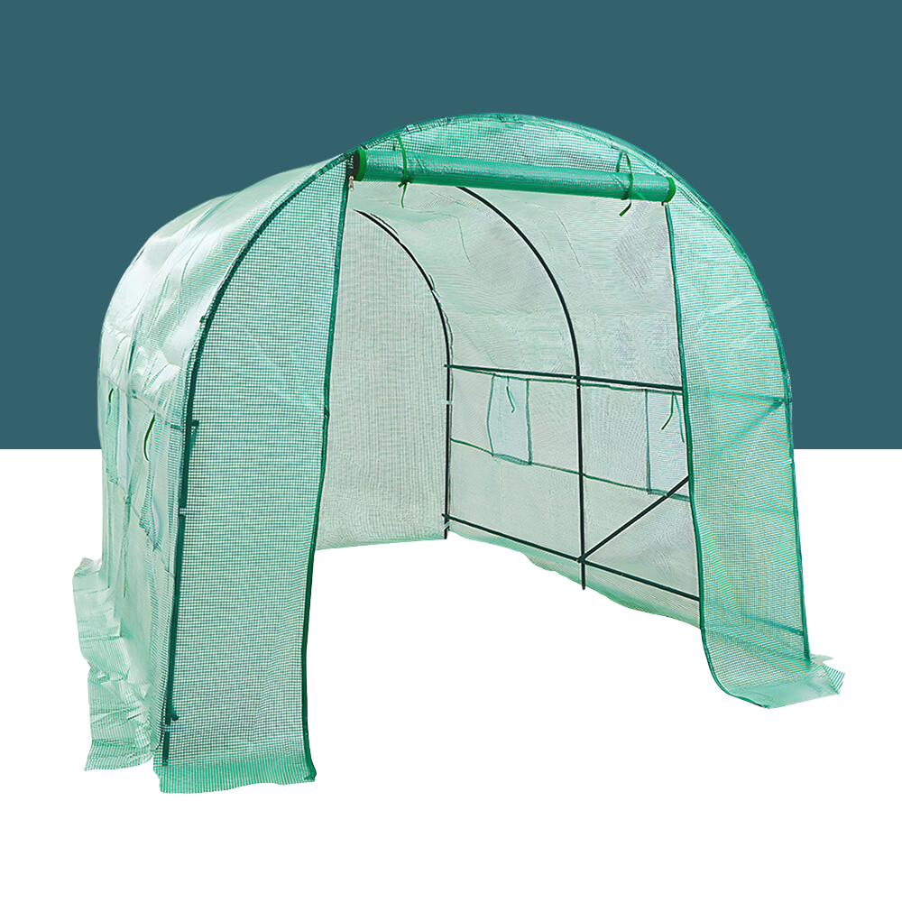 A standalone image of a walk-in greenhouse made of green polyethylene (PE) material with a sturdy metal frame. The structure is semi-transparent with roll-up door features visible.