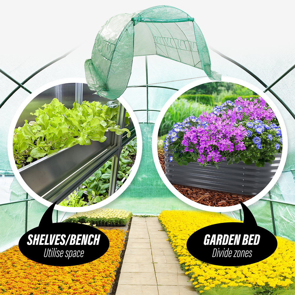 Greenhouse with dimensions indicated (3.5 x 2 x 2 metres), showing spacious interior and ample growing space.