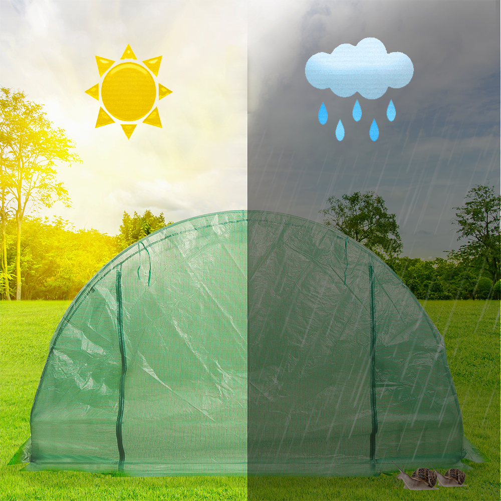 A split-view image showing the greenhouse tunnel in both sunny and rainy conditions, symbolising weather resistance.