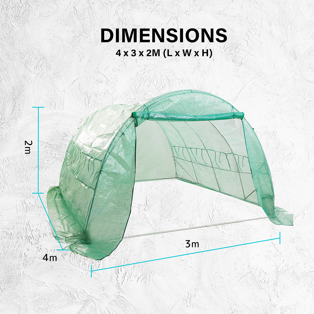 A diagram showing the dimensions of the greenhouse tunnel, measuring 4m in length, 3m in width, and 2m in height