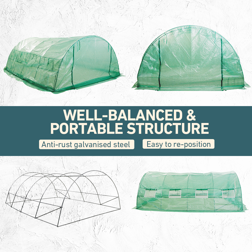 A structured layout of the greenhouse tunnel highlighting the anti-rust galvanised steel frame and portability. It shows various angles and structural features of the greenhouse