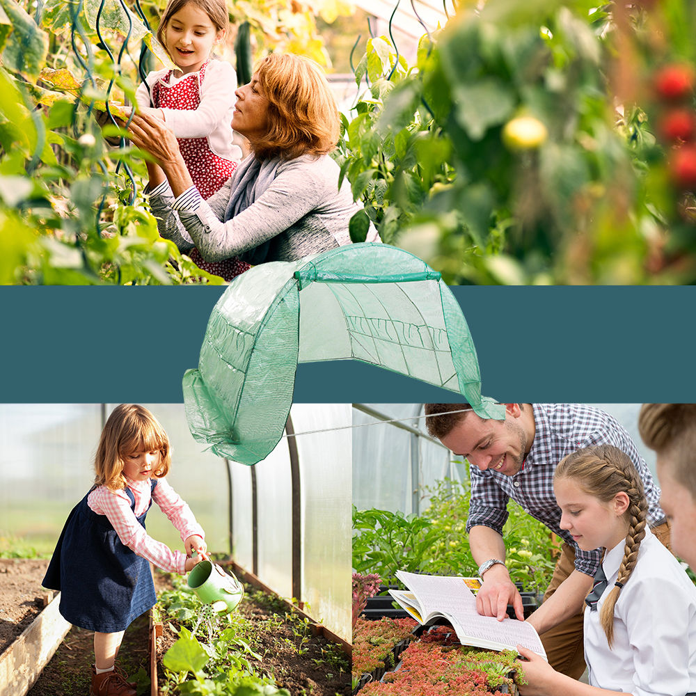 A family using the greenhouse for gardening activities, with a central image of the greenhouse tunnel and people engaged in various gardening tasks. This image emphasises the greenhouse’s suitability for family-friendly gardening