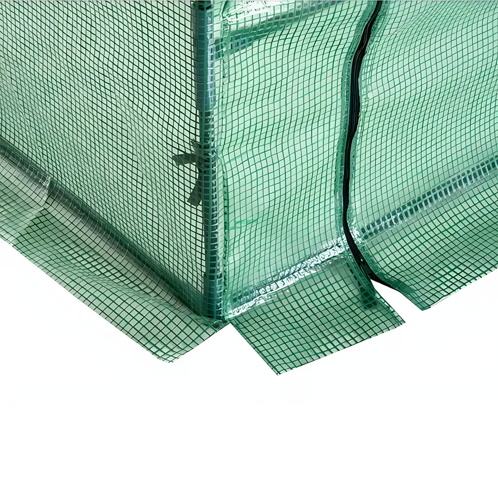 Close-up of the bottom edge of the greenhouse cover, showing secure stitching and fasteners to keep it in place