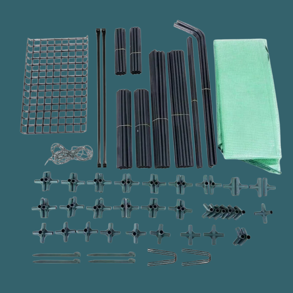 All components of the greenhouse kit, including metal poles, connectors, a green PE cover, and ground stakes, laid out for easy assembly